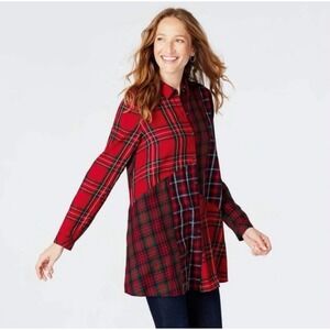 J.Jill Patchwork Plaid Tunic Petite L Red Green Womens Holiday Tartan Cotton